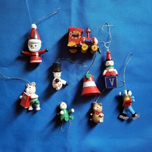 Vintage Christmas Wooden Ornaments, Lot of 9